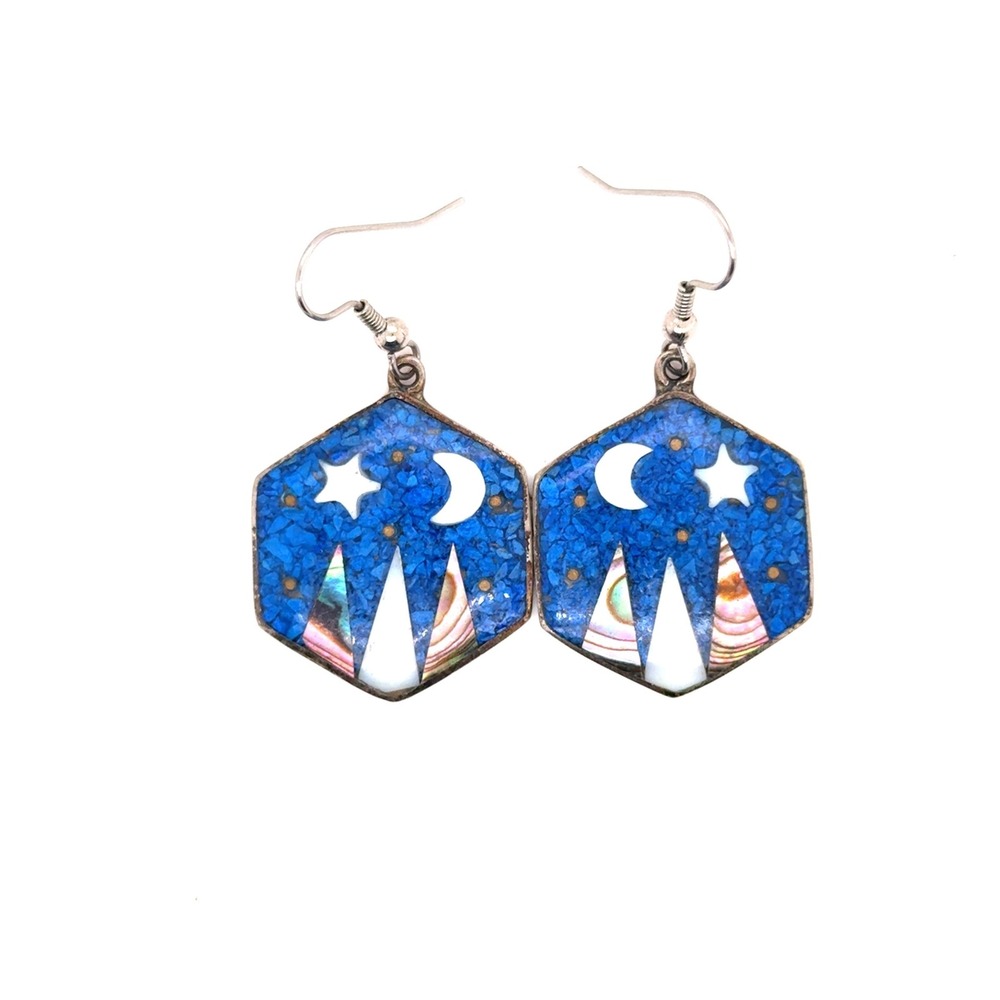 Vintage Alpaca Mexico Inlay Earrings Blue Celestial Moon Star Hexagon Drop
